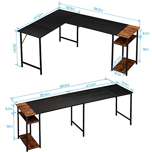 Aingoo L Shaped Desk Reversible With Storage, 72 Inch 2-Person Long Desk Computer Gaming Office Desk, Writing Study Corner Desk For Home Office, Black/Brown #TOP2
