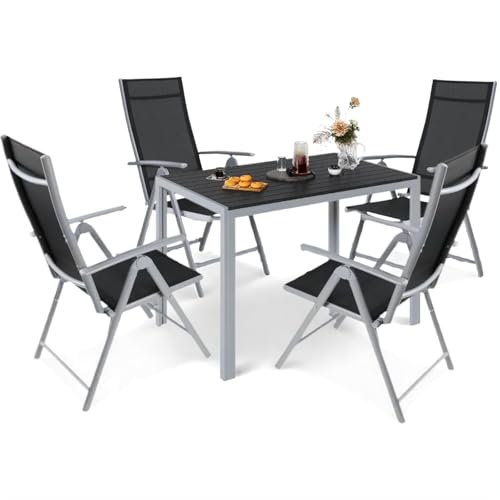 LIFERUN 5-Teiliges Gartenmöbel Set, Aluminium Balkonmöbel Set, 4pcs Verstellbare Hochlehner Klappstühle +110x70cm WPC Wetterfest Rechteckiger Terrassentisch,Essgruppe Sitzgruppe Outdoor, Silber Grau LIFERUN 5-Teiliges Gartenmöbel Set, Aluminium Balkonmöbel Set, 4pcs Verstellbare Hochlehner Klappstühle +110x70cm WPC Wetterfest Rechteckiger Terrassentisch,Essgruppe Sitzgruppe Outdoor, Silber Grau