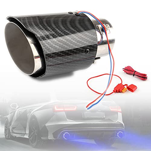 WENJTP 2.25 Inch LED Exhaust Tip Tailpipe Tip 60mm Straight Carbon Fiber Style Bolt Clamp On for Cars HTRACING (Blue Light)