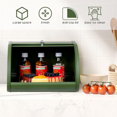 Miniatura 4 de Hollyhome Panera Con Cuerpo De Acero Inoxidable Paneras De Metal Para Cocina Contenedores De Almacenamiento De Pan Con Tapa Enrollable De Fácil Almacenamiento Caja De Pan, Verde