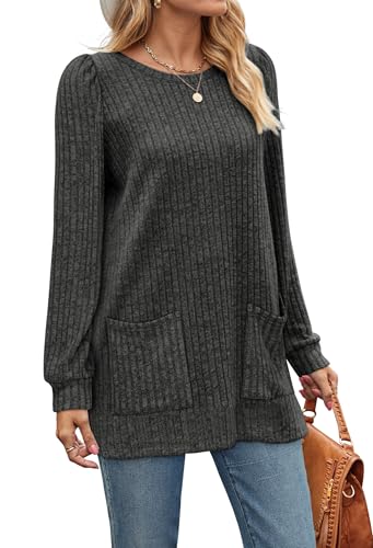 Image of OFEEFAN Long Sleeve Shirts for Women Long Sweaters with Pockets Tunic Tops Loose Fit