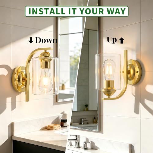 Image of 2-Pack Wall Sconces Lights Lamp for Bedroom Bathroom, Modern Vanity Light Fixtures, Gold Farmhouse Wall Mount Lighting Lanterns with Clear Glass Shade for Living Room Mirror Hallway Kitchen