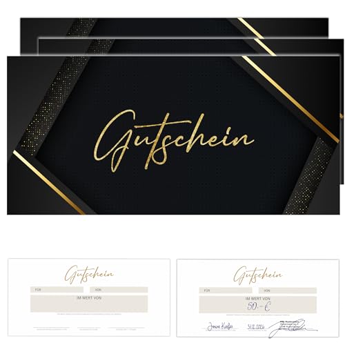 50 Blanko Gutscheine zum selber Ausfüllen | Inklusiv Aufsteller und Aufkleber | Premium Druck | Gutscheinkarten Geschenkgutscheine