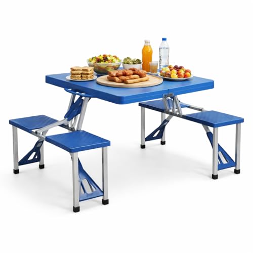 MA MAISON Tavolo Pieghevole con Panche 85,5 x 65 x h 67 cm - da Campeggio, Picnic, per Spiaggia, Salvaspazio, Maniglia di Trasporto, Struttura Acciaio, Richiudibile - Colore Blu