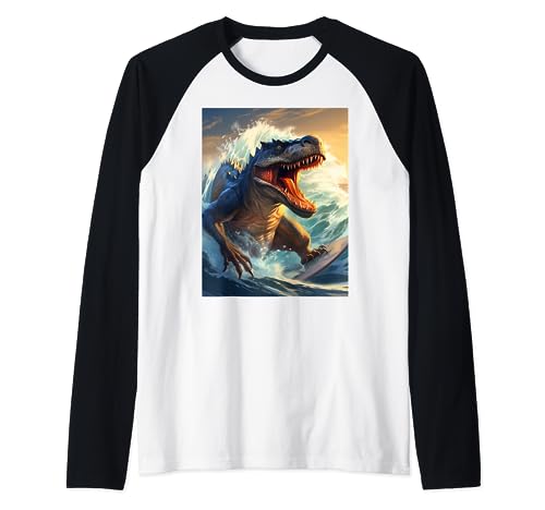 surfing dino enjoying life funny graphic Raglan Baseball Tee