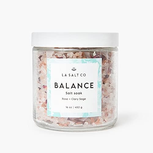 LA SALT CO Aromatherapy Bath Salt Soak, Balance | Mineral-Rich Himalayan Pink Salt & Magnesium Chloride | Rose Geranium, Lavender, Clary Sage | Inner Balance, Calm & Relaxation | 16 oz