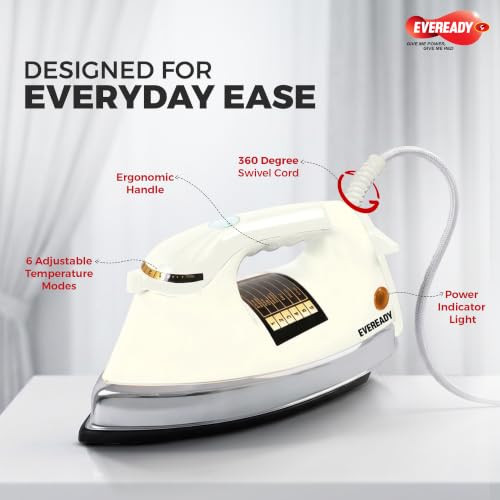 Image of Eveready EasyPress 1000W Heavy Weight Dry Iron with Non-Stick Soleplate, Adjustable Temperature Control, 360 Swivel Cord, Shock Proof Body for Smooth & Fast Ironing