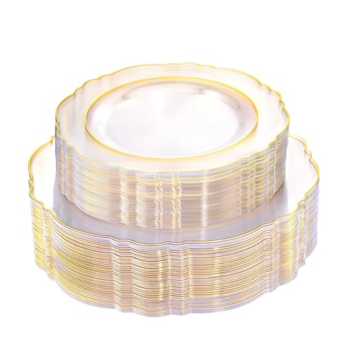 WDF 100pcs Clear Disposable Plastic Plates With Gold Trim - Baroque Clear Gold including 50PCS Dinner Plates 10.25inch and 50PCS Salad Plates 7.5inch for Wedding Birthday Valentine's Day WDF 100pcs Clear Disposable Plastic Plates With Gold Trim - Baroque Clear Gold including 50PCS Dinner Plates 10.25inch and 50PCS Salad Plates 7.5inch for Wedding Birthday Valentine's Day
