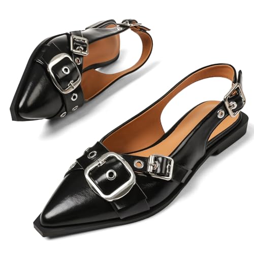 Women's Slingback Flats Closed Pointed Toe Low Heel Dress Flat Shoes Buckle Pathent Leather Ballet Flats for Women 2025 Comfrotable Work
