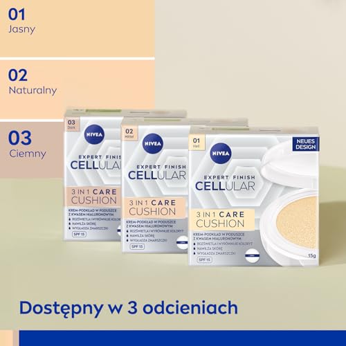 NIVEA Cellular Expert Finish 3in1 Cushion Care Anti-rides Fondation de la crème dans un oreiller à l'acide hyaluronique, couleur foncée, 15 g
