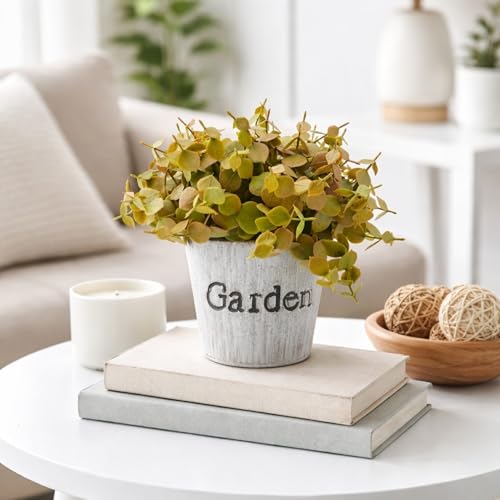 Image of Garden Art Artificial Coin Leaf Eucalyptus Bush in inchGarden inch Planter - Decorative Faux Plant for Desk, Shelf, Table & Office Decoration | Realistic Greenery Home Decor Plant (P-0226Golden)