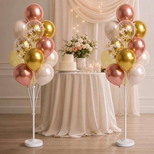 Image of Balloon Column Stand Kit with Balloons, Base and Pole, Balloon Column Kit for Floor or Table Backdrop Decoration for Party Wedding Baby Shower Birthday Graduation (Rose Gold Metallic)