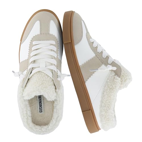 CUSHIONAIRE Blade Women’s Slip On Sneaker Mule – Faux Leather & Suede Backless Sneaker with Memory Foam & Cozy Lining, White/Gray 6.5W