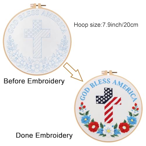 Image of Louise Maelys Embroidery Kit for Beginners, Cross Stitch Kits with Adults, DIY Needlepoint Kit with Christian Cross and Stars and Stripes Pattern, Including Cloth, Hoop, Instructions and Threads