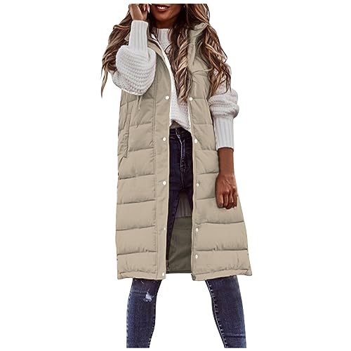 Long Puffer Vest for Women Sleeveless Quilted Jacket Hooded Vests Padded Button Outerwear Winter Coat with Pockets2