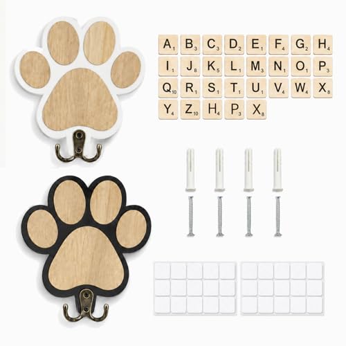 Image of Punorric Dog Lead Hook Set of 2, Dog Leash Holder for Wall with Personalised Wooden Letters, Key Hooks Wall Mounted, Dog Lead Hanger, Wooden Dog Hooks for Wall for Leads, Collars and Keys