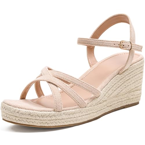 Image of Dressy Open Toe Sandals Platform Wedge Sandals with Cushioned Insole and Ankle Strap Buckle,Strappy Espadrille Wedge Sandals for Women Comfortable Summer