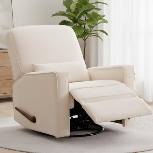 Image of Tbfit Nursery Rocking Chair,360°Swivel Recliner Chair with Lumbar Support for Bedroom, Comfy Upholstered Armchair with Pillows & Footrest for Living Room & Baby Room