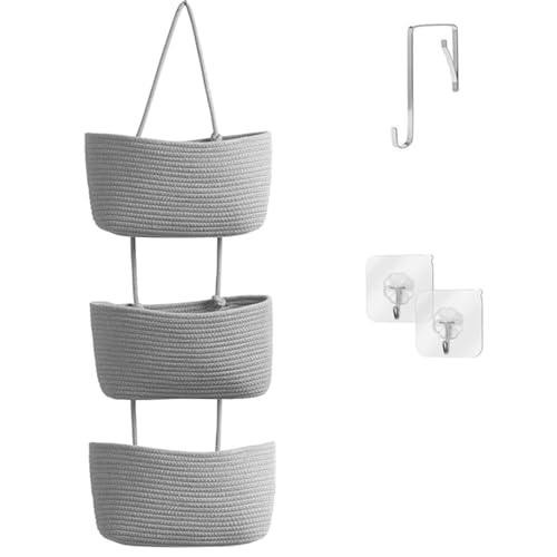 Kongming Cesta de Almacenaje Colgante con Gancho, Organizador Puerta Colgante de Algodón Tejido de 3 Niveles, Estante de Almacenaje para Paredes de Baño, Dormitorio, Oficina (Gris Claro)
