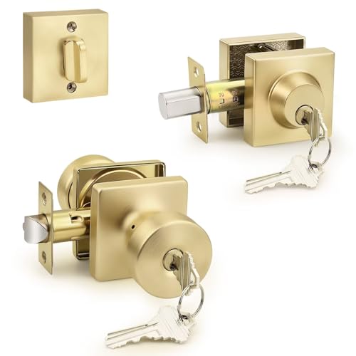 Probrico Exterior/Interior Door Knob with Deadbolt, Front Door Lockset for Entry Door/Bedroom/Office, Modern Brushed Gold Finish Door Knob 1 Pack