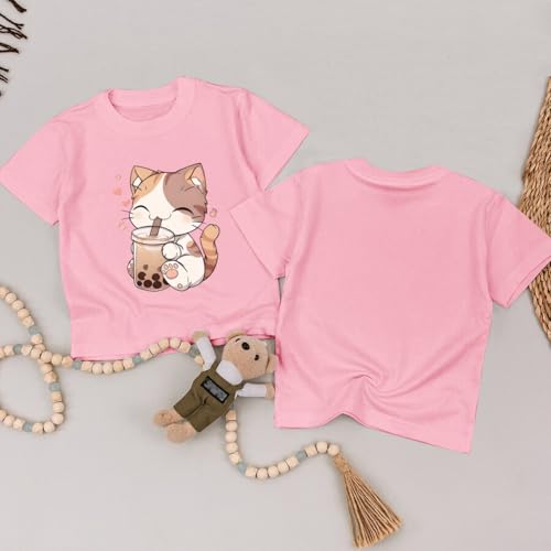 KEEVICI Cute Cat Shirts for Girls Graphic Tees Bubble Tea Tshirt Kids Kawaii Cartoon Animal Print T Shirt Summer Cotton Tops2