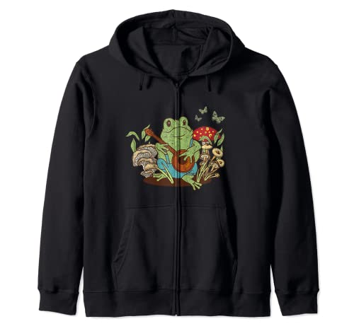 Cottagecore Aesthetic - Cute Frog Playing Banjo, Mushroom Sudadera con Capucha