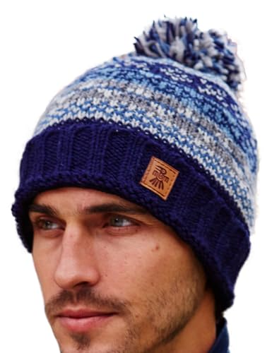Image of Pachamama Men Wool Beanie Bobble Hat Fleece Lined Handknitted Classic Fairisle One-Size Handmade Extra Warm Fair Trade (Wool, Navy Rust)