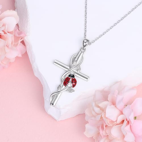925-Sterling-Silver Cross Necklace for Women - Cute Red Ladybug Necklaces Religious Pendant Hypoallergenic Ladybug Jewelry Birthday Christmas Gift for Daughter Mother3