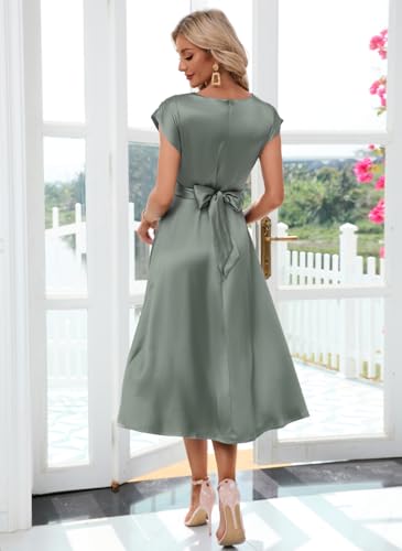 Image of Women's Summer Satin Dress Elegant A-Line Cap Sleeves Tie Waist Flowy Midi Dress Cocktail Wedding Guest Dress