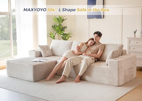 Image of MAXYOYO 104 inch Modular Sectional Couch with L-Shape Chaise, Modern Boneless Couch for Living Room, Sofa in A Box, Oversized Sofa with Deep Seat, No Assembly Required, Grayish Beige