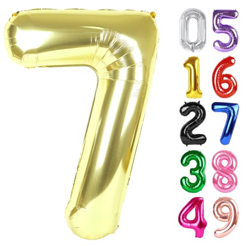 Image of Light Gold Number 7 Balloon 40 Inch, 7th Birthday Party Decorations, Giant 7 Foil Balloon for Party Supplies