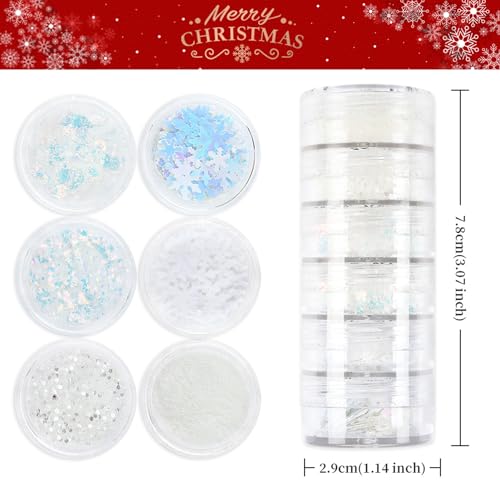 White Nail Glitter Powder Snowflakes Nail Sequins 6 Jars Winter Snowflakes Nail Art Flakes Powder Kit for Acrylic Christmas Nails Decorations DIY Crafts