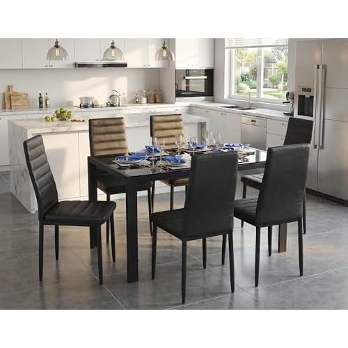 Gizoon Glass Dining Table Sets for 6, 7 Piece Kitchen Table and Chairs Set for 6 Person, PU Leather Modern Dining Room Sets for Home, Kitchen, Living
