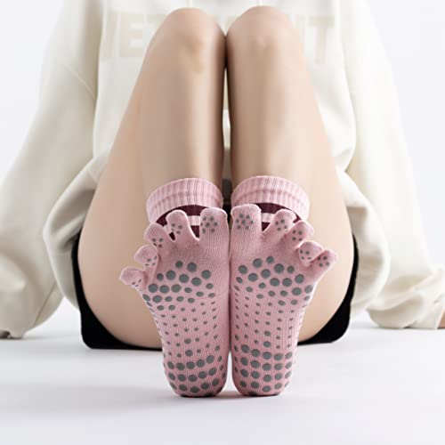 Verdancy Yoga Pilates Toe Socks with Grips for Women Non Slip Fleece Cushioned Crew Socks Mid Calf Socks for Barre (Pink) - Thumbnail 5