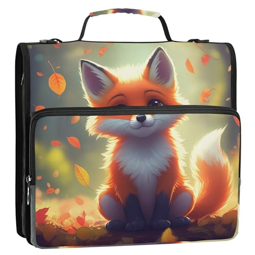 かわいいキツネのアニマルプリントファスナー付きバインダーオーガナイザー 3リングバインダー 1 1/2インチ Dリングキーパー バインダーバッグ ストラップ付き 学校収納 ポートフォリオケース ハンドル付き
