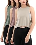 ODODOS 3 Pack Crop Tank for Women Loose Sleeveless Workout Gym Cropped Yoga Shirts Muscle Tops, Abalone, Dusty Rose, Sage Green, Medium