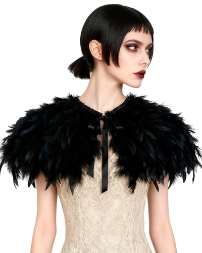 L'VOW Fashion Feather Cape Gothic Stole Shawl Burning Man Halloween Costumes(Black-2)