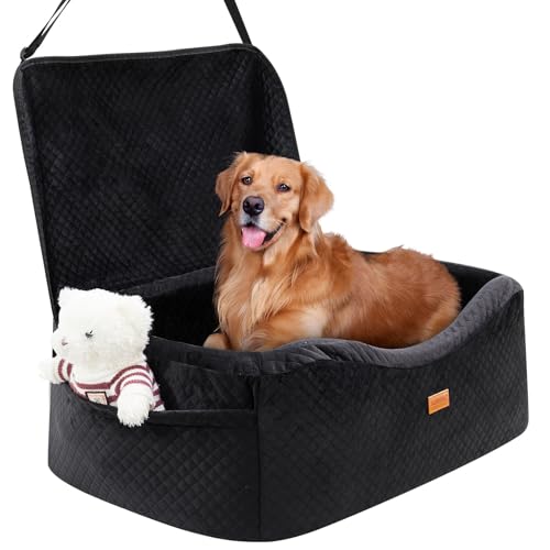 Dog Car Seat for Large Dogs up to 60 lbs or 2 Small Dogs with 4" Memory Foam, Medium Pet Booster Seat Cover with Triple Safety Belts, Adjustable Leashes, Detachable/Washable (Dark Black, Large)