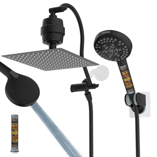 Hibbent All Metal 12'' Dual Filtered Rainfall Shower Head Combo, High Pressure Handheld Shower Head with 12'' Adjustable Curved Extension Arm, 20 Stage Shower Filter, 10-spray, 71'' Hose, Ma