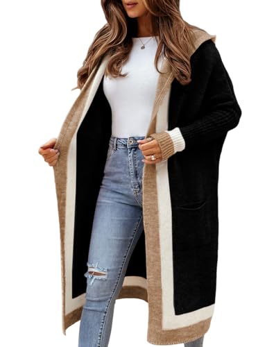 Yimoon Cárdigan largo con capucha para mujer, bloque de color, frente abierto, suéter de punto de gran tamaño para exteriores, Negro -, L
