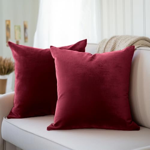 Encasa Homes Juego de 2 Fundas de cojín DE Terciopelo de (40 x 40 cm) - Granate - Tinte de Color Plano Constante, Suaves y aterciopelados, Lavables, Funda de Almohada Grande Decorativa