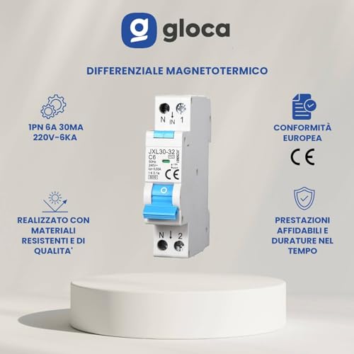 gloca Interruttore Magnetotermico Differenziale 1P+N 6A 30mA 220V 6KA 1 Modulo DIN C6