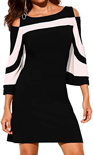 HannahZone Women's Summer Cold Shoulder Dresses Casual Tunic Top 3/4 Sleeve T-Shirt Swing Dress