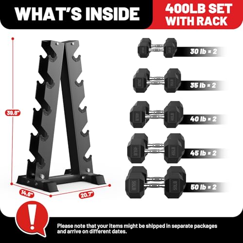 Image of PAPABABE Hex Dumbbell Sets with Rack, 100-600lb Rubber Coated Dumbbell Weight Set and Storage Rack, Multiple Options Hand Weights for Strength Training