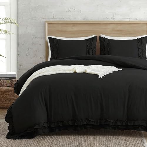 Bedorm Black Duvet Cover King Pleated Ruffled Bedding Set Shabby