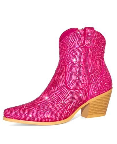 Image of MISSMILLER Rhinestone Boots for Women Sparkly Cowgirl Boots Pointed Toe Chunky Heels Rhinestone Cowboy Boots