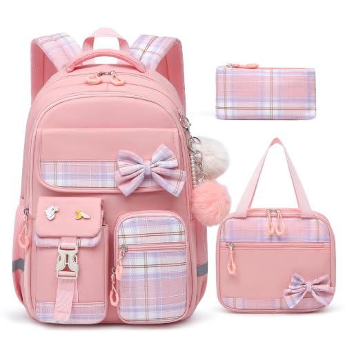 Alrisg Girls School Backpack Preppy Plaid Bookbag Lightweight Backpack for Girls Elementary Middle School Bow Pink Set