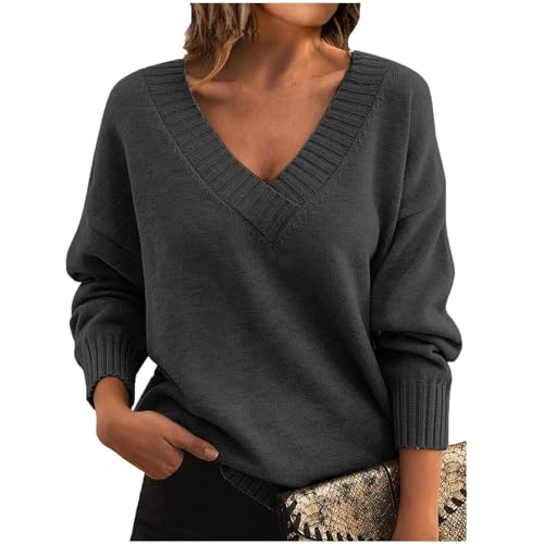 Oversized Sweaters for Women V Neck Knit Sweater Long Sleeve