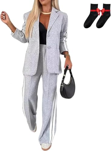 Jasperbelly Women's Lapel Long Sleeve Casual Suit, Jasper Belly Fall Loose Jacket and Wide Leg Pants with (Grey, M)