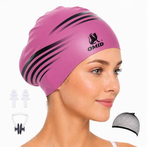 OMID Waterproof Swim Cap for Women with Long Hair - Chemical Resistant Silicone Swimming Cap, UV Protection for Pool Beach, Fits Dreadlocks and Thick Hair (Pink)